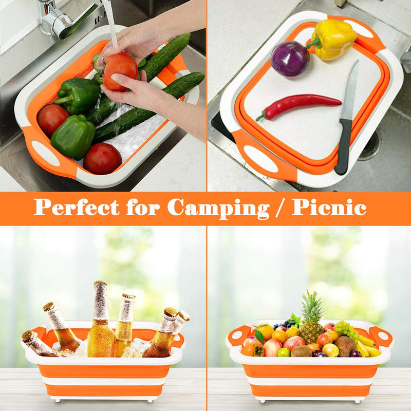 Rottogoon Collapsible Cutting Board, Foldable Chopping Board with Colander, Multifunctional Kitchen Vegetable Washing Basket Silicone Dish Tub for BBQ Prep/Picnic/Camping(Orange) - Grill Parts America