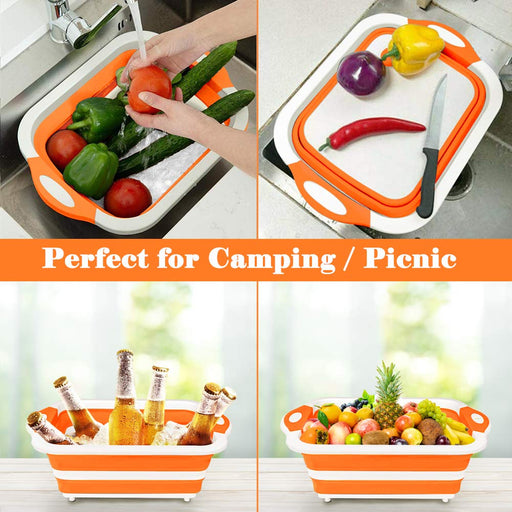 Rottogoon Collapsible Cutting Board, Foldable Chopping Board with Colander, Multifunctional Kitchen Vegetable Washing Basket Silicone Dish Tub for BBQ Prep/Picnic/Camping(Orange) - Grill Parts America