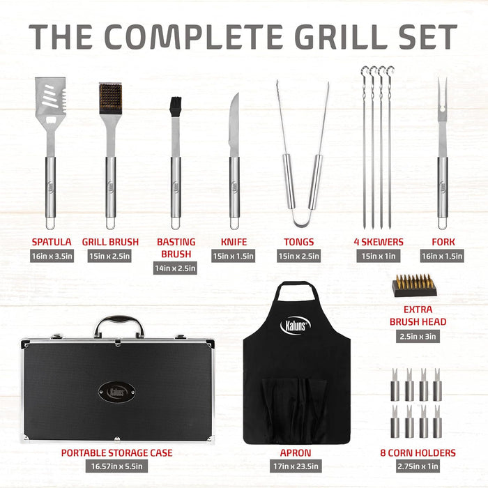 Kaluns Grilling Accessories, Dad Gifts for Fathers Day Grilling Gifts, Heavy Duty Stainless Steel Grill Set BBQ Grill Accessories for Outdoor Grill with Aluminum Case and Apron, Best Gifts for Men Dad - Grill Parts America