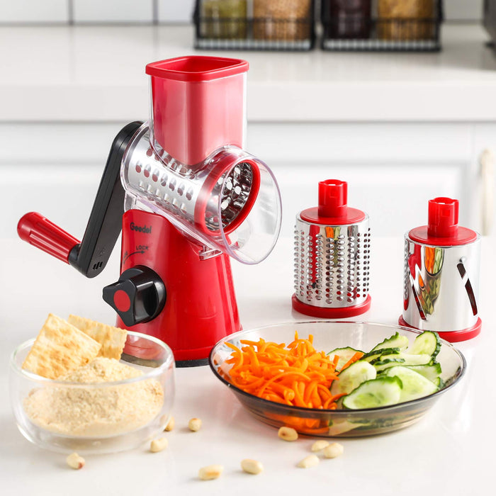Geedel Rotary Cheese Grater, Kitchen Mandoline Vegetable Slicer with 3 Interchangeable Blades, Easy to Clean Grater for Fruit, Vegetables, Nuts - Grill Parts America