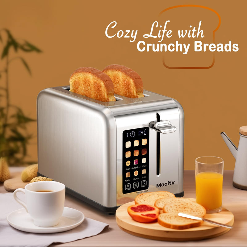 Mecity 2 Slice Toaster Touch Screen 1.5" Wide Slot, Stainless Steel Smart Bread Toaster for Bagel Muffin Waffle Gluten Free Breads, Timer, Defrost, Reheat, 120V 825W - Grill Parts America