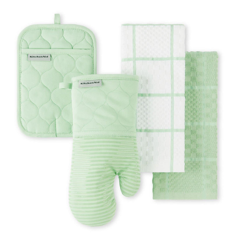KITCHENAID Quilted Cotton Terry Cloth Oven Mitt, Pot Holder, Kitchen Towel 4-Pack Set, Heat Resistant, Silicone Grip, Gift Set, Pistachio, 16"x26", 7"x13" & 7"x10" - Grill Parts America