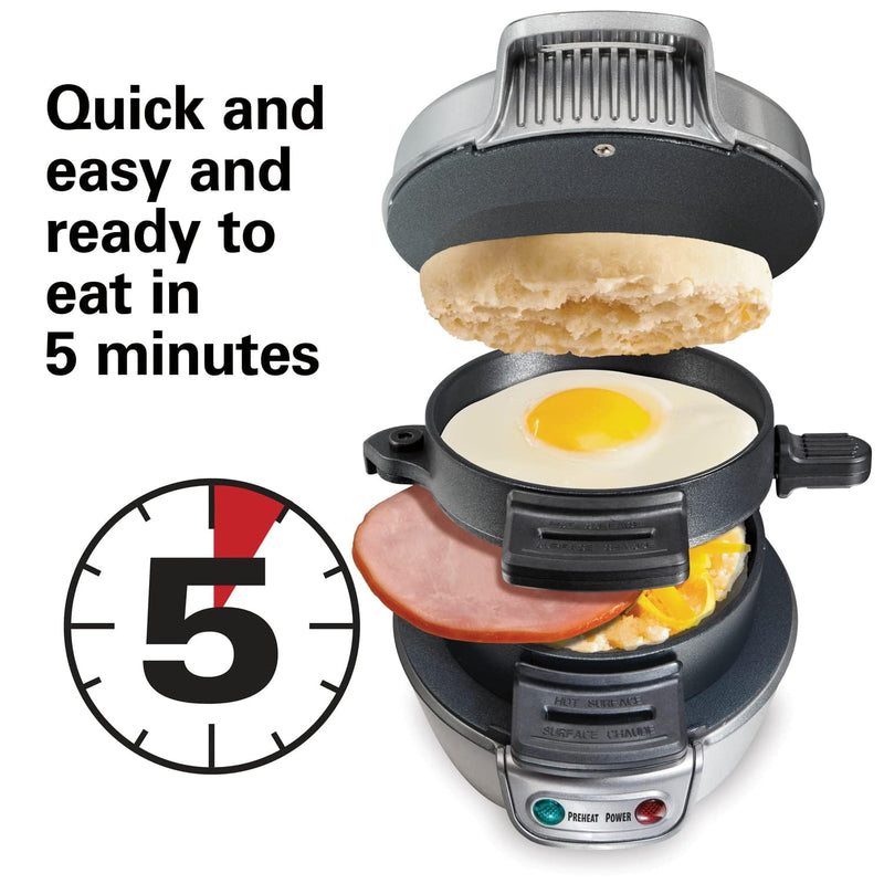 Hamilton Beach Breakfast Sandwich Maker with Egg Cooker Ring, Customize Ingredients, Perfect for English Muffins, Croissants, Mini Waffles, Perfect White Elephant Gifts, Silver (25475) - Grill Parts America