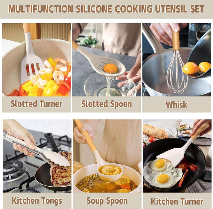 Umite Chef Kitchen Cooking Utensils Set, 33 pcs Non-Stick Silicone Cooking Kitchen Utensils Spatula Set with Holder, Wooden Handle Silicone Kitchen Gadgets Utensil Set (Khaki) - Grill Parts America