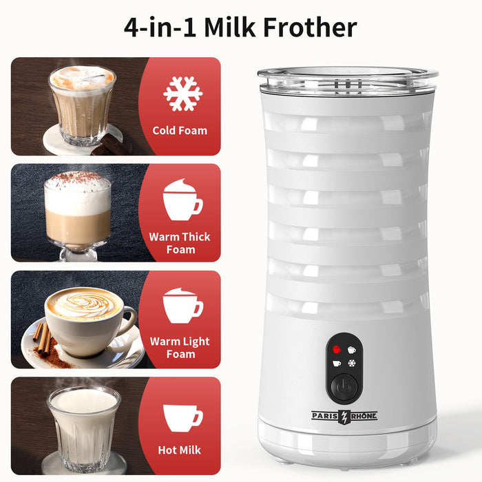 Paris Rhône Milk Frother, Upgraded 4-in-1 Milk Steamer and Frother, Hot & Cold Foam Maker and Milk Warmer with Temperature Control, Auto Shut-Off, Frother for Coffee, Latte, Cappuccino, Macchiato - Grill Parts America