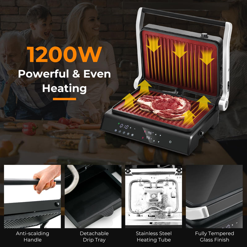 Giantex Panini Press Sandwich Maker, 3-in-1 Electric Indoor Grill, 2 Removable & Dishwasher Safe Non-Stick Plates, Drip Tray, 5 Auto Modes, Upper & Lower Independent Temperature Control, 4 H Timer - Grill Parts America
