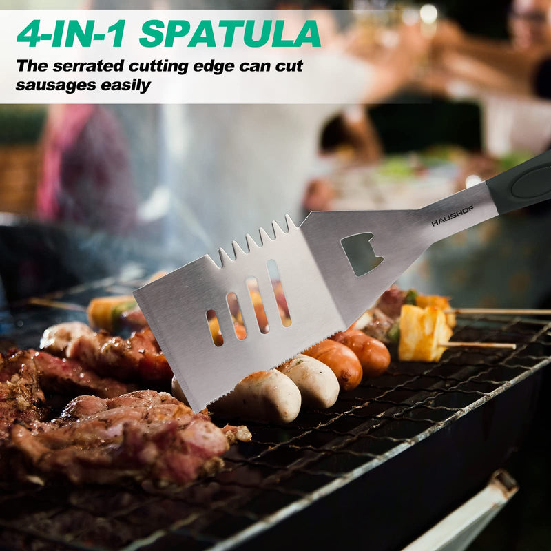 HAUSHOF Large Grill Accessories Heavy Duty BBQ Set Gifts for Men/Women - Premium Stainless Steel Spatula, Fork & Tongs (16.5/16/16.5 in.), Barbecue Utensils Tool Kit Gift for Grilling Lover Outdoor - Grill Parts America