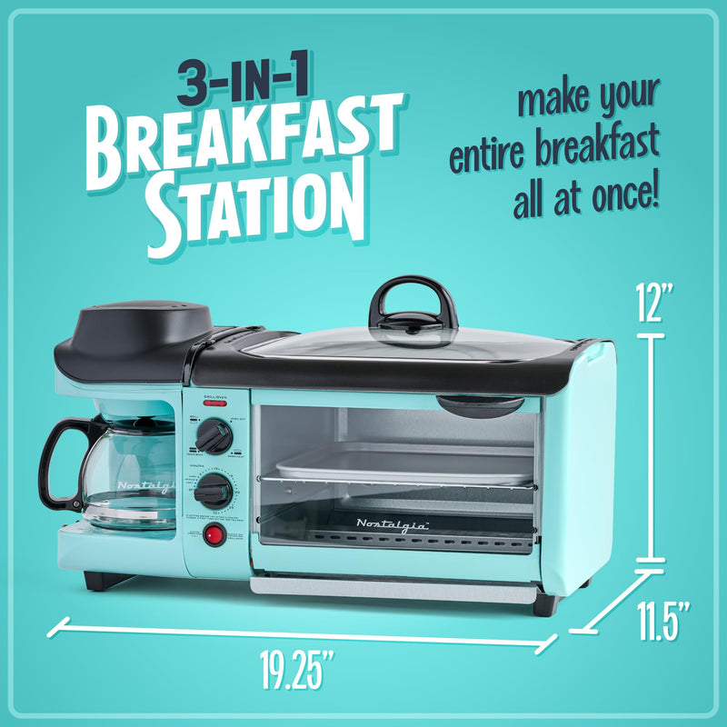 Nostalgia 3-in-1 Breakfast Station - Includes Coffee Maker, Non-Stick Griddle, and 4-Slice Toaster Oven - Versatile Breakfast Maker with Timer - Aqua - Grill Parts America