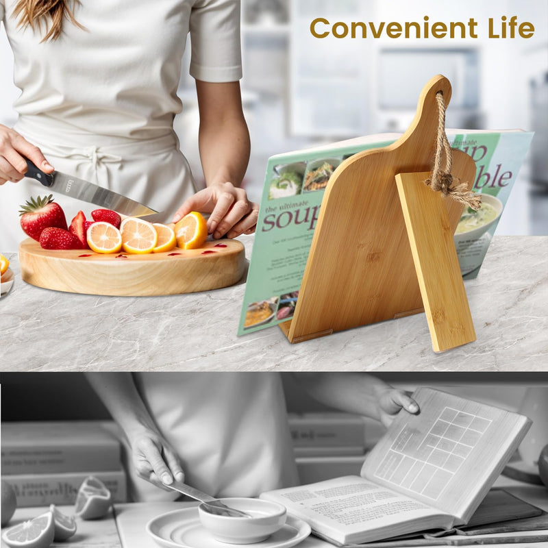 Femicgal Cookbook Stand for Kitchen Counter, Bamboo Cookbook Holder, Foldable Cook Book Holder, Adjustable Recipe Book Stand, Cook Book Stand with Measurement Conversion Chart - Grill Parts America