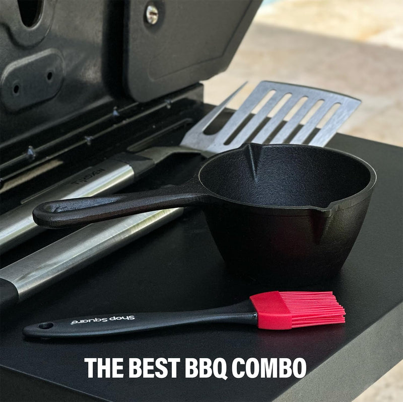 Small Cast Iron Basting Pot with Silicone BBQ Brush – Cast Iron Saucepan for Grilling, Smoking, and BBQ Accessories, 15 Oz - Grill Parts America
