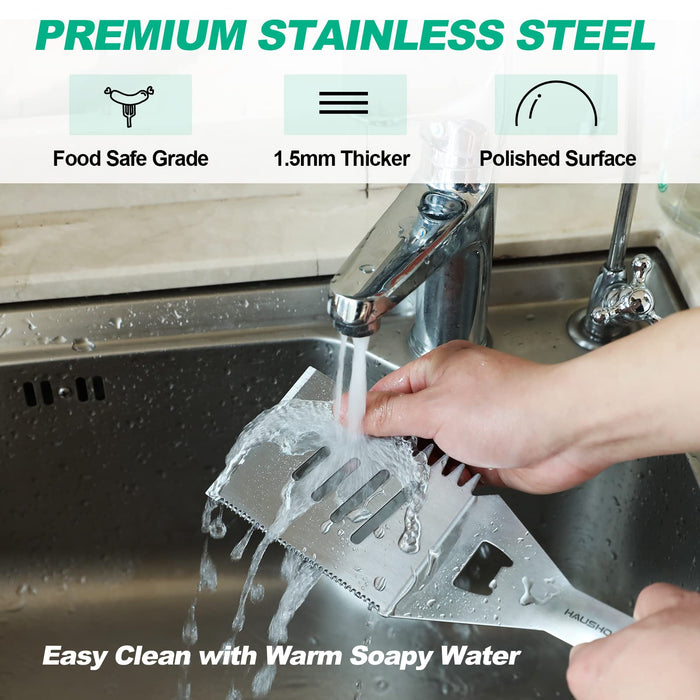 HAUSHOF Large Grill Accessories Heavy Duty BBQ Set Gifts for Men/Women - Premium Stainless Steel Spatula, Fork & Tongs (16.5/16/16.5 in.), Barbecue Utensils Tool Kit Gift for Grilling Lover Outdoor - Grill Parts America