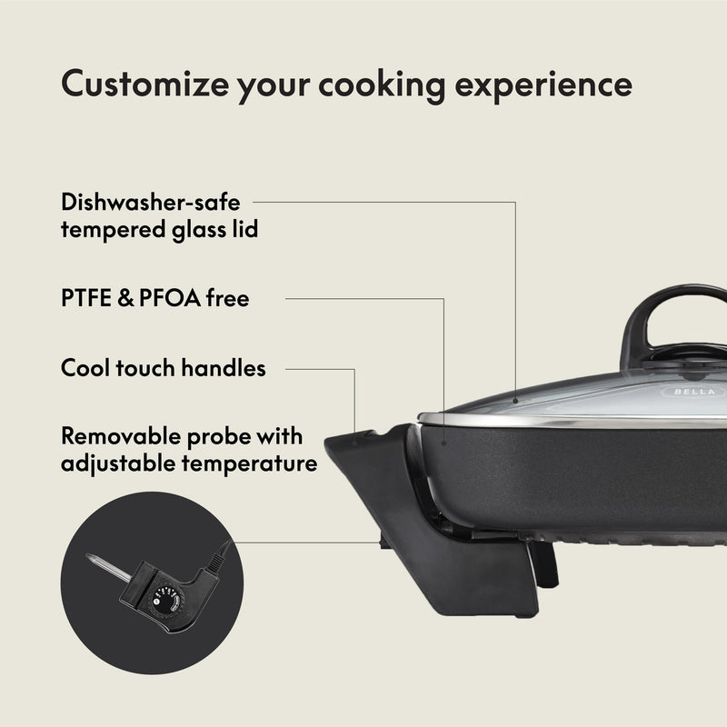BELLA Electric Skillet and Frying Pan with Glass Lid, Nonstick Coating, Cool Touch Handles, Removable Heating Probe, Dishwasher Safe, 12 x 12 inch, Copper - Grill Parts America