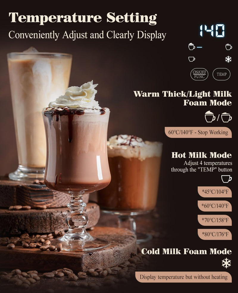Nuovoware 4 in 1 Milk Frother and Steamer with Temperature Control Display Screen, Electric Automatic Frother for Hot Chocolate Milk, Cappuccinos, Latte, Macchiato, Black - Grill Parts America