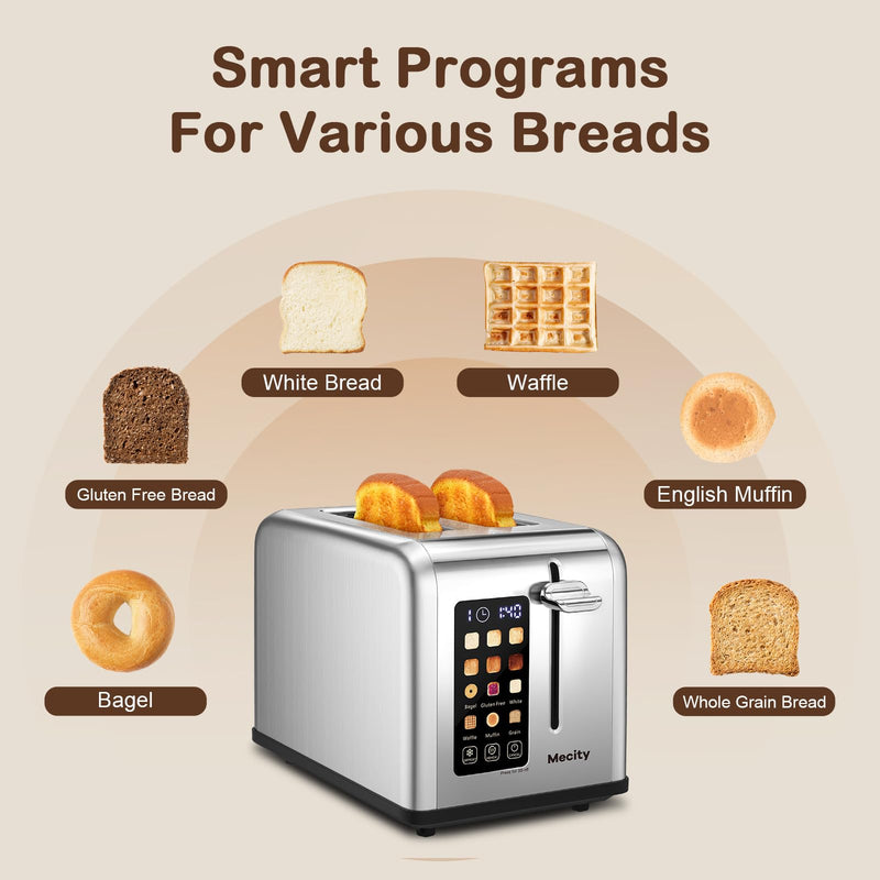 Mecity 2 Slice Toaster Touch Screen 1.5" Wide Slot, Stainless Steel Smart Bread Toaster for Bagel Muffin Waffle Gluten Free Breads, Timer, Defrost, Reheat, 120V 825W - Grill Parts America