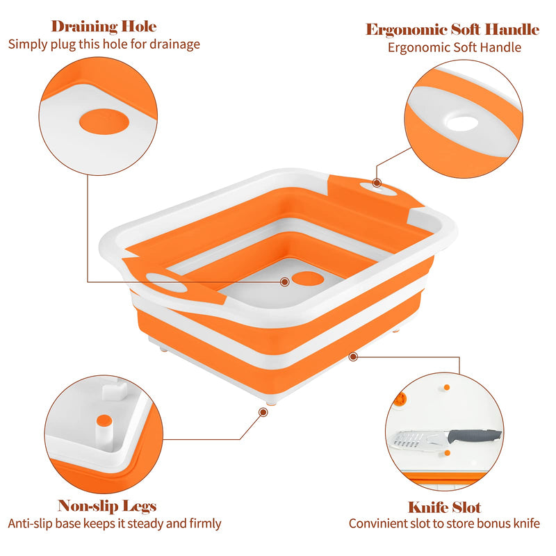 Rottogoon Collapsible Cutting Board, Foldable Chopping Board with Colander, Multifunctional Kitchen Vegetable Washing Basket Silicone Dish Tub for BBQ Prep/Picnic/Camping(Orange) - Grill Parts America