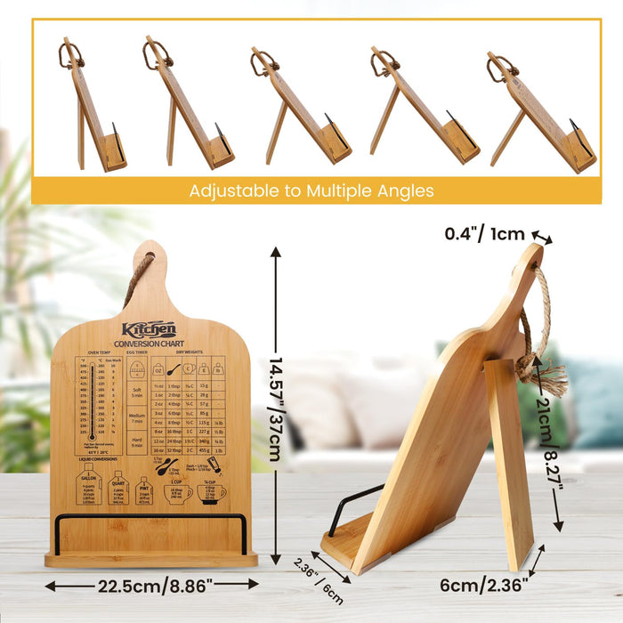Femicgal Cookbook Stand for Kitchen Counter, Bamboo Cookbook Holder, Foldable Cook Book Holder, Adjustable Recipe Book Stand, Cook Book Stand with Measurement Conversion Chart - Grill Parts America
