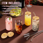 NETANY Drinking Glasses with Bamboo Lids and Glass Straw 4pcs Set - 16oz Can Shaped Glass Cups, Beer Glasses, Iced Coffee Glasses, Cute Tea Cup, Ideal for Cocktail, Whiskey, Gift - 2 Cleaning Brushes - Grill Parts America