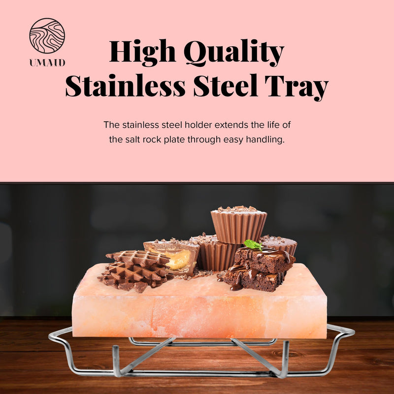 UMAID Himalayan Salt Block For Grilling, Cooking, Cutting and Serving,8X8X1.5 Food Grade Himalayan Pink Salt Stone on Stainless Steel Plate & Recipe Pamphlet, Unique Gifts for Men, Women, Chef, Cooks - Grill Parts America