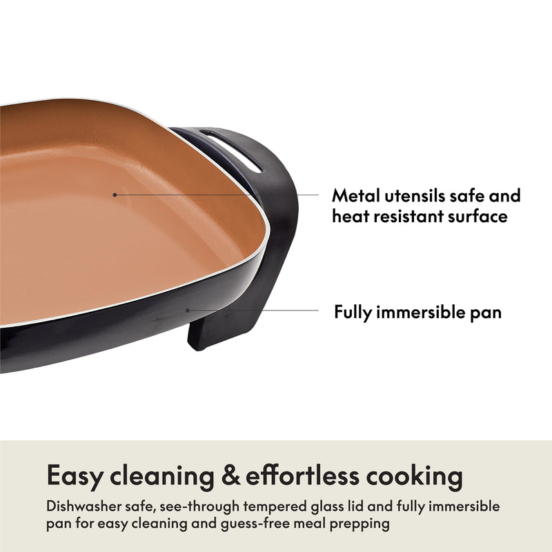 BELLA Electric Skillet and Frying Pan with Glass Lid, Nonstick Coating, Cool Touch Handles, Removable Heating Probe, Dishwasher Safe, 12 x 12 inch, Copper - Grill Parts America