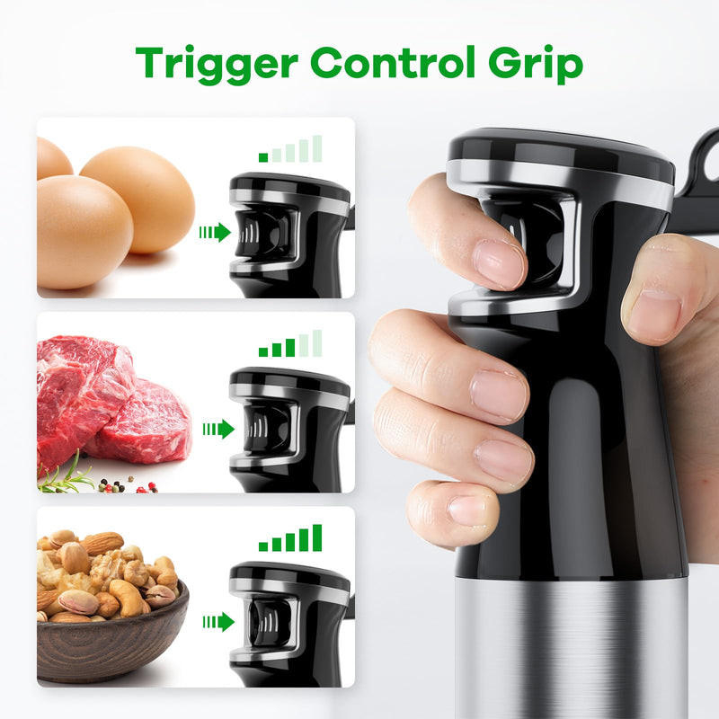 Immersion Blender Handheld Corded Hand Blender 1100W, Trigger Variable Speed 5 in 1 Stick Blender, Emulsion Blender with Chopper, Whisk and Frother for Soup, Baby Food and Smoothies - Grill Parts America