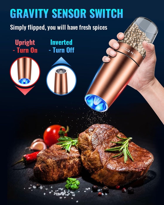 Gravity Electric Pepper and Salt Grinder Set, Adjustable Coarseness, Battery Powered with LED Light, One Hand Automatic Operation, Stainless Steel Copper, 2 Pack - Grill Parts America