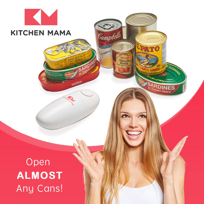 Kitchen Mama Auto Electric Can Opener Open Your Cans with A Simple Press of Button - Automatic, Hands Free, Smooth Edge, Food-Safe, Battery Operated, YES YOU CAN (White) - Grill Parts America