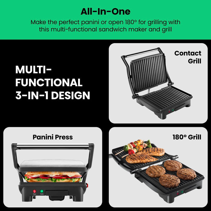 Chefman Panini Press Grill and Gourmet Sandwich Maker Non-Stick Coated Plates, Opens 180 Degrees to Fit Any Type or Size of Food, Stainless Steel Surface and Removable Drip Tray, 4 Slice, Black - Grill Parts America