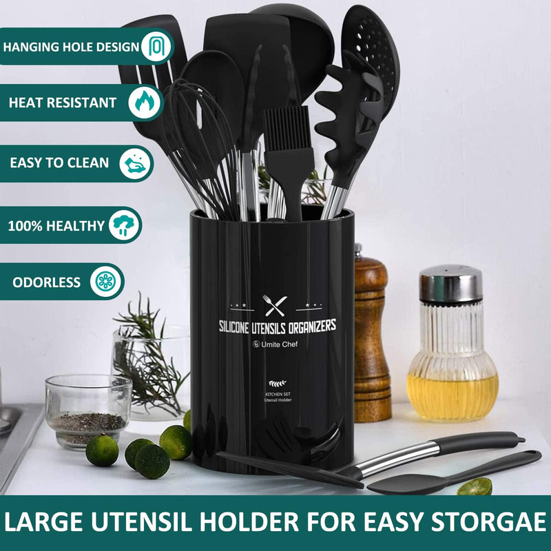 Silicone Cooking Utensil Set, Umite Chef 15pcs Silicone Cooking Kitchen Utensils Set, Non-stick - Best Kitchen Cookware with Stainless Steel Handle - Black - Grill Parts America