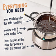Nostalgia 6-Cup Electric Fondue Pot Set for Cheese & Chocolate - 6 Color-Coded Forks, Temperature Control - Stainless Steel Kitchen Gadgets and Appliances for Hors d'Oeuvres and More - Stainless Steel - Grill Parts America