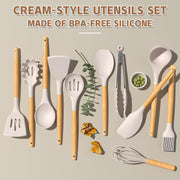 Umite Chef Kitchen Cooking Utensils Set, 33 pcs Non-Stick Silicone Cooking Kitchen Utensils Spatula Set with Holder, Wooden Handle Silicone Kitchen Gadgets Utensil Set (Khaki) - Grill Parts America