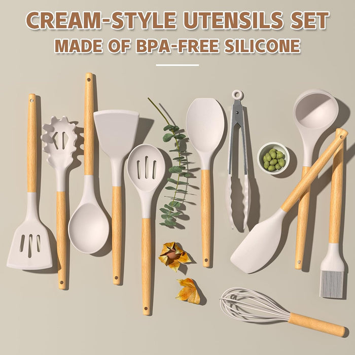 Umite Chef Kitchen Cooking Utensils Set, 33 pcs Non-Stick Silicone Cooking Kitchen Utensils Spatula Set with Holder, Wooden Handle Silicone Kitchen Gadgets Utensil Set (Khaki) - Grill Parts America