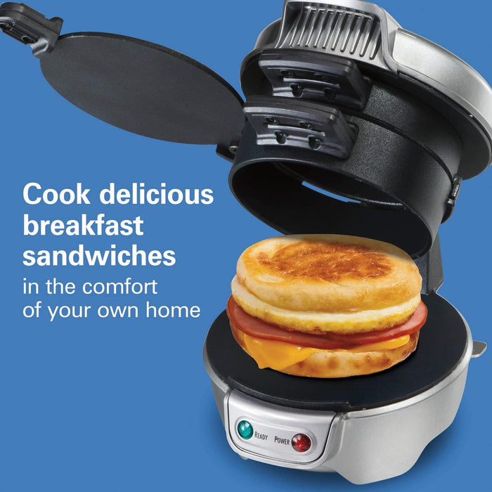 Hamilton Beach Breakfast Sandwich Maker with Egg Cooker Ring, Customize Ingredients, Perfect for English Muffins, Croissants, Mini Waffles, Perfect White Elephant Gifts, Silver (25475) - Grill Parts America