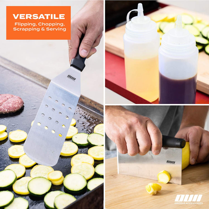 OUII Flat Top Griddle Accessories for Blackstone and Camp Chef Griddle - 9 Pieces Set with Griddle Cleaning Kit and Carry Bag! Metal Spatula, Scraper for Hibachi and Teppanyaki Grill - Grill Parts America