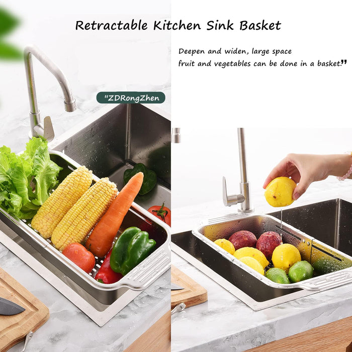 ZDRongZhen Kitchen Supply-Over The Sink Stainless Steel Retractable Kitchen Sink Basket -Wash Vegetables and Fruits, Drain Pasta and Dry Dishes,Extendable (Medium Silver) - Grill Parts America