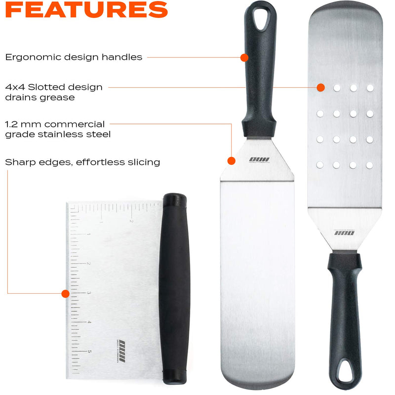 OUII Flat Top Griddle Accessories for Blackstone and Camp Chef Griddle - 9 Pieces Set with Griddle Cleaning Kit and Carry Bag! Metal Spatula, Scraper for Hibachi and Teppanyaki Grill - Grill Parts America