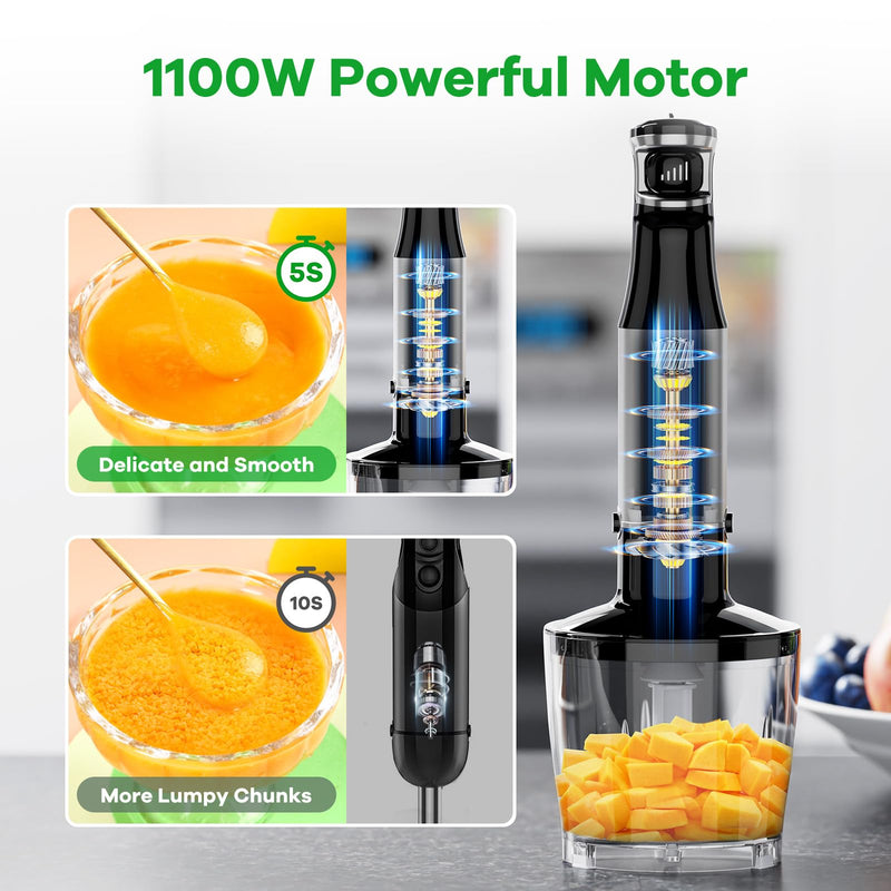 Immersion Blender Handheld Corded Hand Blender 1100W, Trigger Variable Speed 5 in 1 Stick Blender, Emulsion Blender with Chopper, Whisk and Frother for Soup, Baby Food and Smoothies - Grill Parts America