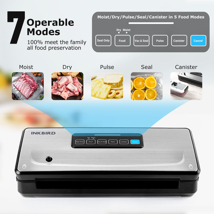 Food Vacuum Sealer Machine 10-In-1 with Bag Storage(Up to 20FT) and Cutter, INKBIRD Food Sealer Vacuum Sealer for Food with Moist/Dry/Canister 5 Food Modes, Starter Kits Bags*5 and Bag Roll*1, 85KPa - Grill Parts America