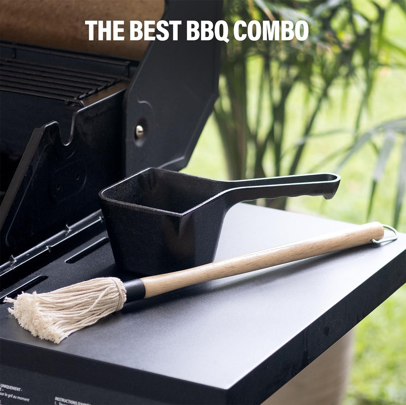 Cast Iron Sauce Pot with BBQ Mop Brush – Small Cast Iron Basting Pot & Mop Brush for Grilling, Smoking, and Saucing – BBQ Mop Brushes for Sauce, 24 Oz - Grill Parts America