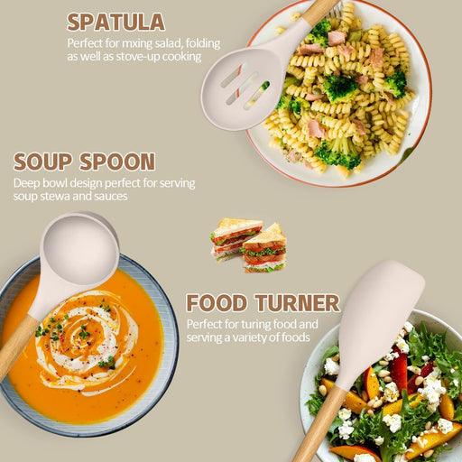 Umite Chef Kitchen Cooking Utensils Set, 33 pcs Non-Stick Silicone Cooking Kitchen Utensils Spatula Set with Holder, Wooden Handle Silicone Kitchen Gadgets Utensil Set (Khaki) - Grill Parts America