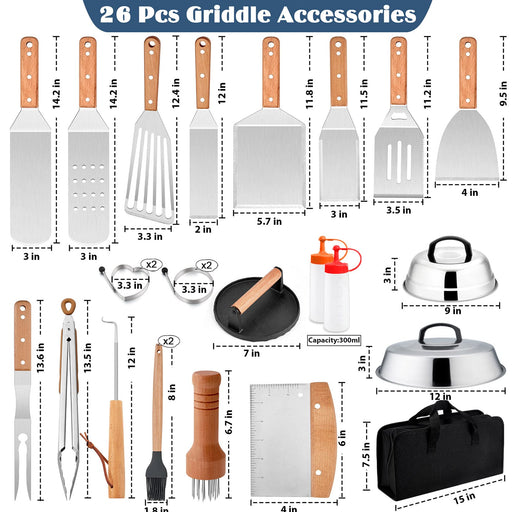 26Pcs Griddle Accessories Kit, Joyfair Flattop Grill Accessory Tools Set for Outdoor Camping BBQ, Include Melting Domes, Stainless Steel Spatula, Scraper, Cast Iron Burger Press, Storage Bag - Grill Parts America
