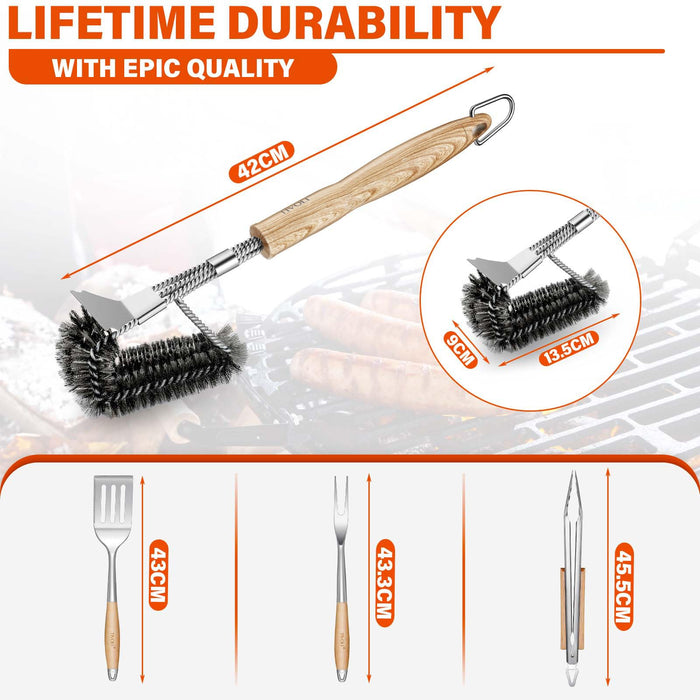 TIVOLI Grill Set 4PC BBQ Tools Set Grill Accessories with BBQ Spatula, BBQ Clips, Brushes, BBQ Forks Heavy Duty Grill Kit Grill Tools for Outdoor Grill with Wood Handles Gift Ideas for Dad Man - Grill Parts America