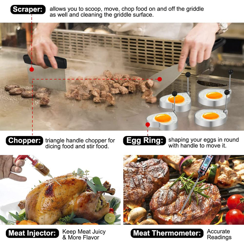 Griddle Accessories Kit, 135 Pcs Griddle Grill Tools Set for Blackstone and Camp Chef, Professional Grill BBQ Spatula Set with Basting Cover, Spatula, Scraper, Bottle, Tongs, Egg Ring - Grill Parts America