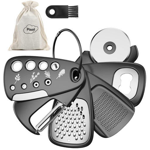 Pisol Kitchen Unique Gadgets Set 6 Pieces, Space Saving, Cheese Grater, Bottle Opener, Fruit Vegetable Peeler, Pizza Cutter, Garlic Ginger Grinder, Herb Stripper Gift Set - Grill Parts America