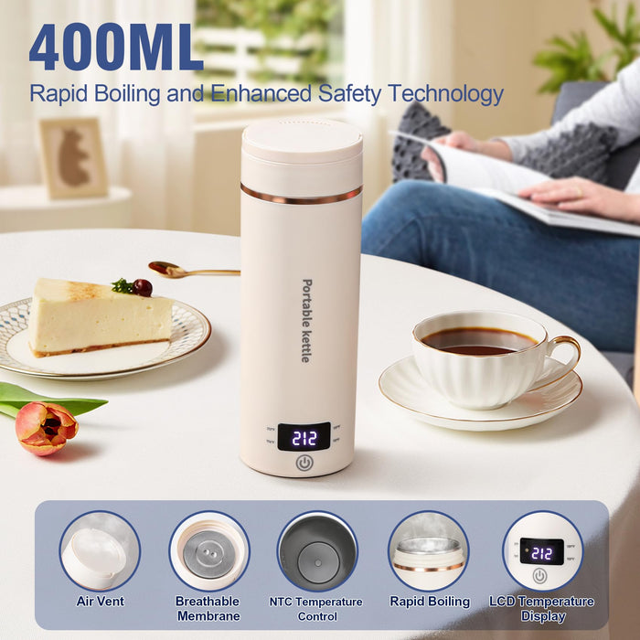Travel Electric Kettle Portable Mini Kettle,Small Hot Water Boiler with 4 Temperature Settings,304 Stainless Steel,Fast Boiling Water with Auto Shut-Off and Boil Dry Protection (Beige, 400ML) - Grill Parts America