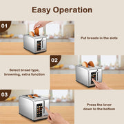 Mecity 2 Slice Toaster Touch Screen 1.5" Wide Slot, Stainless Steel Smart Bread Toaster for Bagel Muffin Waffle Gluten Free Breads, Timer, Defrost, Reheat, 120V 825W - Grill Parts America