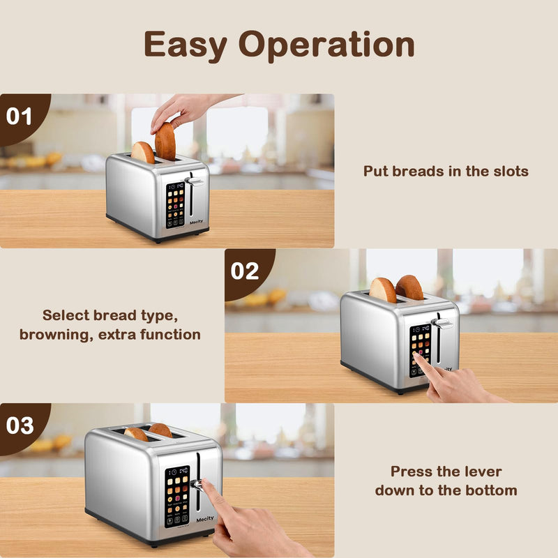 Mecity 2 Slice Toaster Touch Screen 1.5" Wide Slot, Stainless Steel Smart Bread Toaster for Bagel Muffin Waffle Gluten Free Breads, Timer, Defrost, Reheat, 120V 825W - Grill Parts America
