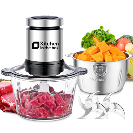 Kitchen in the box Food Processors,Small Meat Grinder & Food Chopper Electric Vegetable Chopper with 2 Bowls (8 Cup+8 Cup)& 2 Bi-Level Blades for Meat/fish/Vegetable/Baby Food (Black, 8cups+8cups) - Grill Parts America