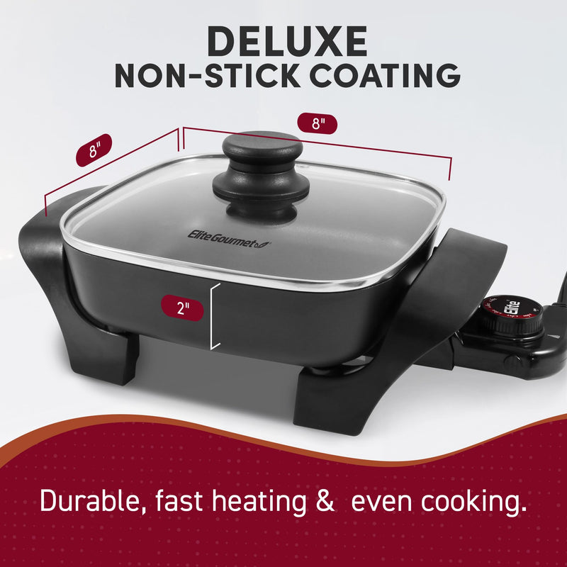 Elite Gourmet EG808 8” x 8" Non-stick Electric Skillet, Dishwasher Safe with Tempered Glass Vented Lid, Rapid Heat Up, 600W, Black - Grill Parts America