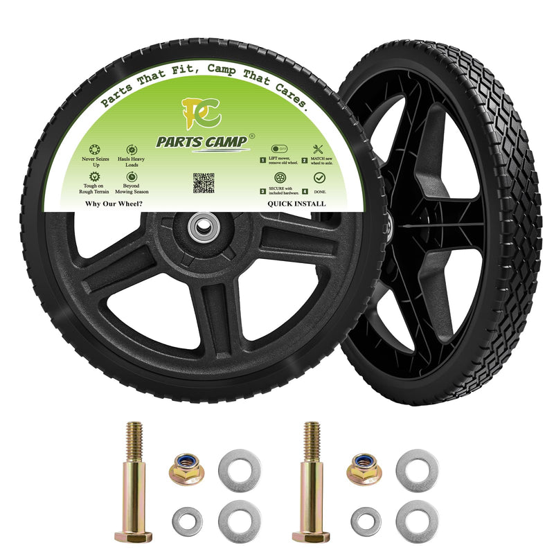 Parts Camp push mower wheel kit with 12-inch lawn mower wheels, black rubber tires and metal hubs