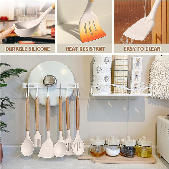 Umite Chef Kitchen Cooking Utensils Set, 33 pcs Non-Stick Silicone Cooking Kitchen Utensils Spatula Set with Holder, Wooden Handle Silicone Kitchen Gadgets Utensil Set (Khaki) - Grill Parts America